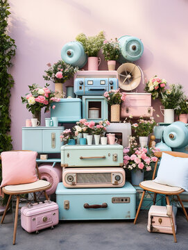 Vintage Suitcase and Radio in Pastel Colors, Adorned with Floral Decor