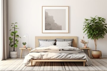 Mockup of poster in wooden frame on white bedroom wall with bed, plaid, rug, and plants. Rendered in 3D. Generative AI