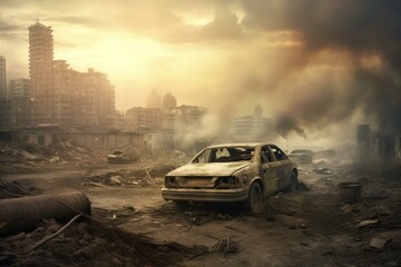 Destroyed landscape with wrecked car and polluted city engulfed in smoke. Generative AI