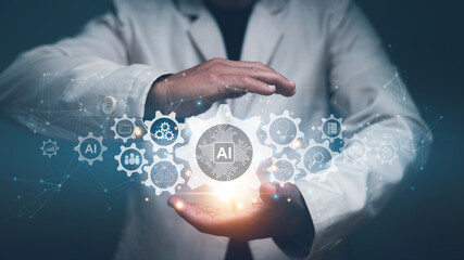 Artificial Intelligence (AI), Businessman hands holding AI coding in the futuristic technology for...