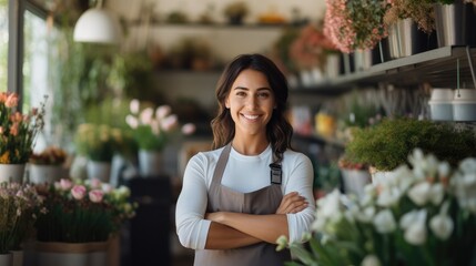 young smiling woman standing in his flower shop looking at the camera