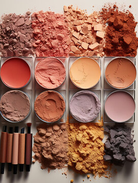 Make up Palettes and Surrounding Shadow Powder and. Flat lay layot arrangement