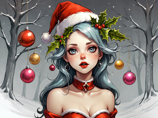 Christmas girl anime art with xmas decoration