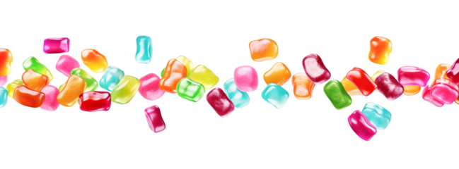 Colorful raibow candy falling on transparent background, png. Falling Round gummy candy piles isolated on transparent.  jelly gumdrops heap, gelatin candies on transparent background