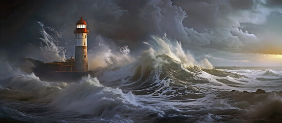 lighthouse on a stormy night. AI generated. - obrazy, fototapety, plakaty