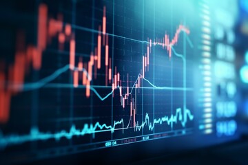 Closeup stock market uptrend candlestick chart on blue monitor background. Generative AI - obrazy, fototapety, plakaty