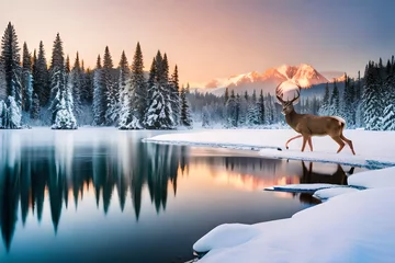Deurstickers deer in the snow © asad