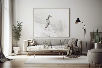 Illustration of a modern poster displayed in a trendy living space. Generative AI