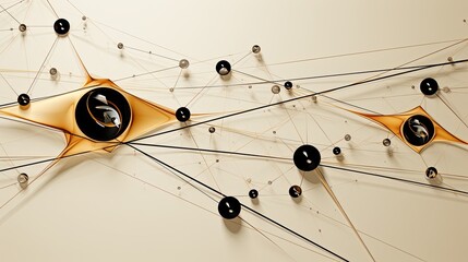 Ai-generated abstract illustration of a network in black, cream and gold. MidJourney.