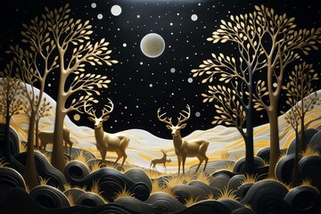 A nocturnal scenery featuring a 3D mural of stars, moon, deer, golden trees, and waves against a black backdrop. Generative AI