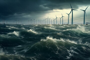 Stormy offshore wind turbines. Generative AI - obrazy, fototapety, plakaty