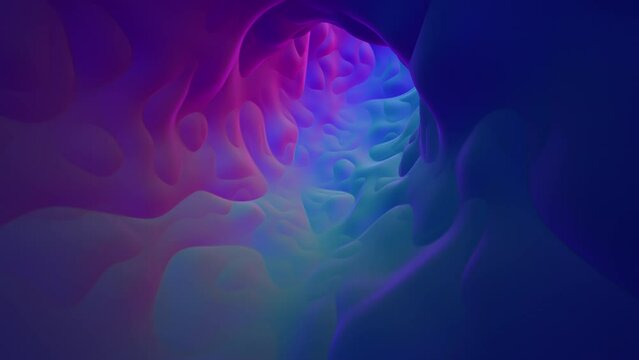 Vividly colored 3D rendering of a tunnel, showcasing swirling patterns in purple, blue, and pink shades adorning the walls and ceiling