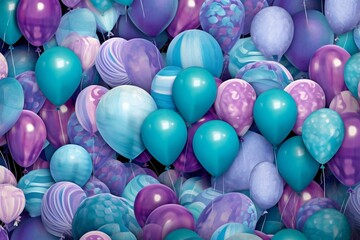 Vibrant balloons in various shades of blue,purple,and turquoise. Playful wallpaper. Generative AI