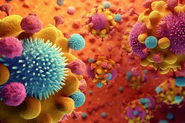 3D illustration of pathogenic microbes on color background, advocating to halt the spread of coronavirus. Generative AI - obrazy, fototapety, plakaty
