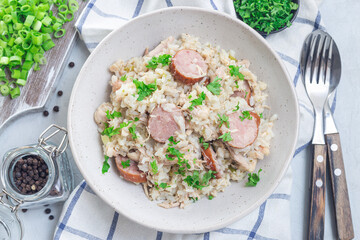 South Carolina chicken bog dish with smocked sausages, horizontal, top view