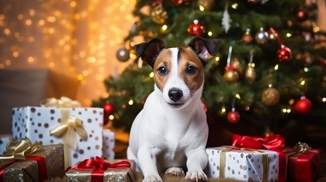 Happy dog is holding a gift, looking on side, Happy Christmas. ai generative