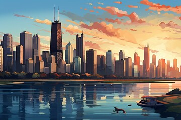 Illustration of Chicago skyline in the background. Generative AI - obrazy, fototapety, plakaty