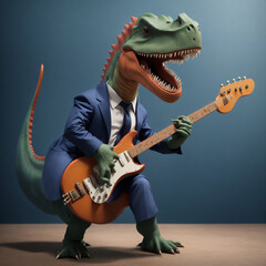 スーツを着てギターを弾く恐竜 - obrazy, fototapety, plakaty
