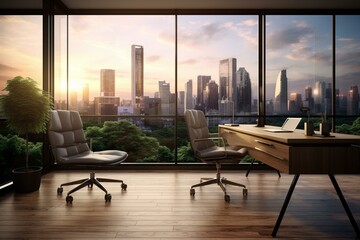 Brown desk, laptop, chairs, city view room. Wooden floor, mirror wall. 3D render. Generative AI