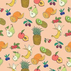 Seamless pattern with the image of colorful tropical fruits. Packaging design or wall decoration for a fruit store. Line art. Vector illustration
