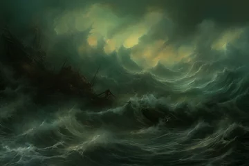 Fotobehang A turbulent ocean scene with stormy waves crashing against a dark cloudy sky. Generative AI © Xiomara