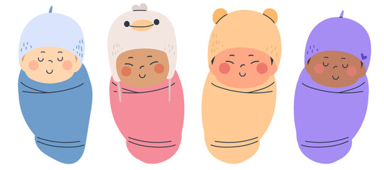 Vector illustration of Newborn baby diverse characters wrapped in blanket. Sleeping infant swaddled in cloth
