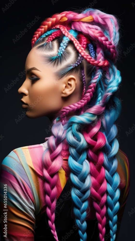 Wall mural A young woman with colorful braids on her head. Generative AI.