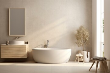 Fototapeta na wymiar Elegant bathroom mock-up with neutral colors and minimalistic design. Generative AI