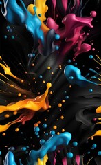 Abstract color splash on black background with 3d effect. Ai generated art.