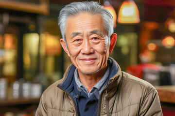 Fototapeta premium Healthy, good-looking senior Japanese man in his seventies, smiling, expressing warmth, positivity and confidence.