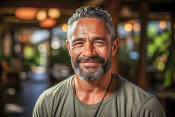 Handsome middle-aged Pacific Islander man in his fifties, smiling, radiating warmth and positivity, expressing confidence and joy. - obrazy, fototapety, plakaty