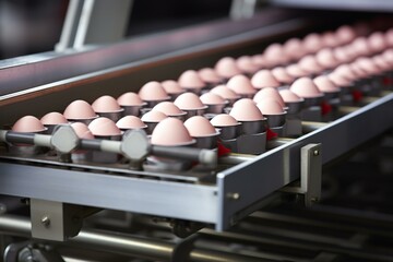 Eggs being transported on conveyor belt for packaging. Consumerism, automation, organic products. Generative AI