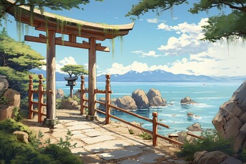 Traditional illustration of a wooden Japanese temple gate by the estuary, leading to the open sea. Generative AI