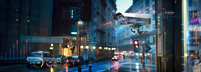 cctv city street security camera surveillance system for motion and face identity detection or recognition sensor, live monitoring and futuristic recording footage concept as wide banner copy space - obrazy, fototapety, plakaty