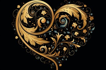 Decorative art nouveau heart with foliage and spiral motifs on a dark backdrop. Suitable for various art and design endeavors. Generative AI