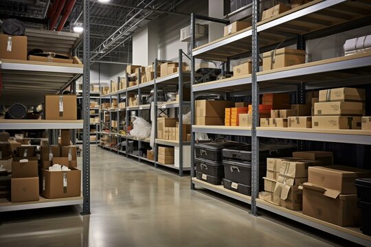 An organized facility with tall, spacious shelving for efficient storage. Generative AI