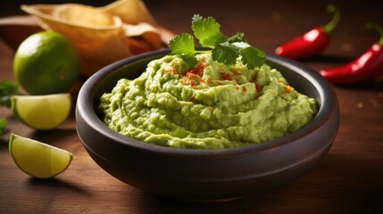 A small bowl of homemade guacamole accompanies the fajitas, showcasing a creamy and luscious avocado base bound together with the flavors of lime, garlic, and cilantro. It acts as a refreshing