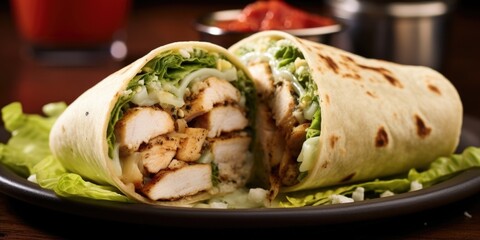 Transport your taste buds to culinary bliss with a visually striking image of a Chicken Caesar Wrap, showcasing an enticing combination of juicy grilled chicken, crunchy lettuce, grated - obrazy, fototapety, plakaty