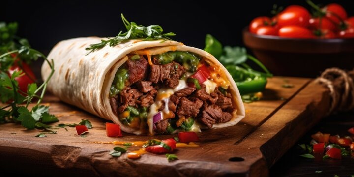 An enticing image encapsulating the rustic charm of a beef burrito, with slowcooked beef chunks infused in a robust tomatobased sauce, wrapped tightly in a fluffy tortilla and garnished