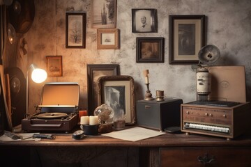 vintage interior with music player, old records and nostalgic artwork. Generative AI