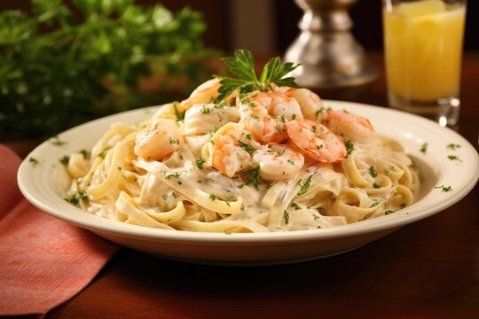 An appetizing image of shrimp and crab pasta Alfredo, the dish boasting generous portions of plump shrimp and succulent crab meat tossed amidst ribbons of pasta, all luxuriating in a velvety