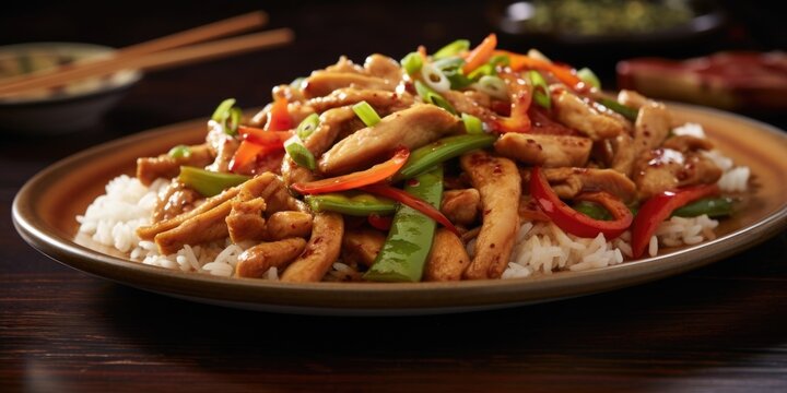 Embark on a culinary journey with a Panda Express stirfry, featuring tender strips of Perdue chicken, vibrant Birds Eye vegetables, and tossed in a zesty Kikkoman sauce, creating an explosion