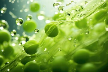 An abstract shot captures a handful of peas tumbling into a shallow pool of water, creating ripples that enhance the overall composition and add an element of movement.
