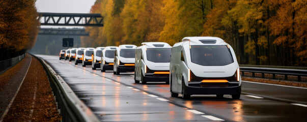 futuristic robotaxi or van trucks fleet on highway with full self driving system activated for transportation autonomy concepts as wide banner with copy space area - obrazy, fototapety, plakaty