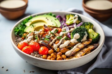 An overhead shot of a colorful Buddha bowl, featuring a bed of nutty quinoa topped with roasted chickpeas, grilled vegetables, creamy avocado slices, and a zesty tahini dressing.