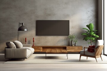 3D rendered living room with loft style featuring polished concrete wall, wooden floor, and wooden furniture. TV screen has a clipping path. Generative AI