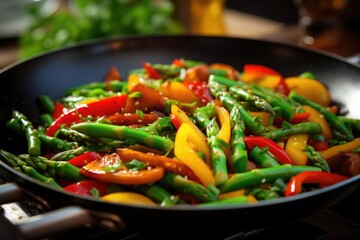 This captivating image highlights a delightful vegan stirfry that bursts with freshness. A colorful mix of asparagus, bell peppers, and sugar snap peas is cooked to perfection, further enhanced