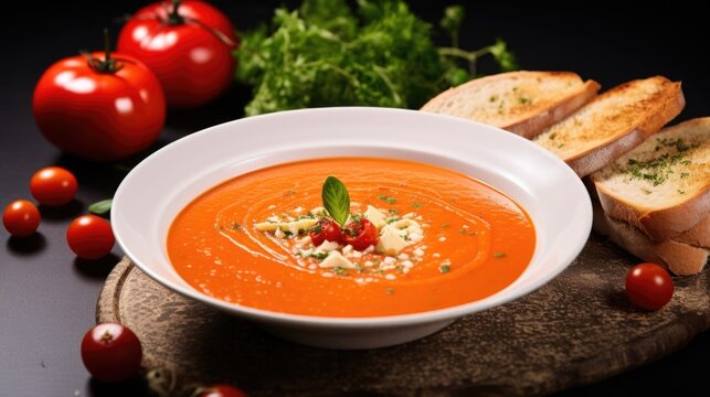 An exquisite shot of a tomato soup, wherein the rich, velvety texture of the soup is garnished with finely chopped tomatoes and aromatic herbs, adding a refreshing contrast.