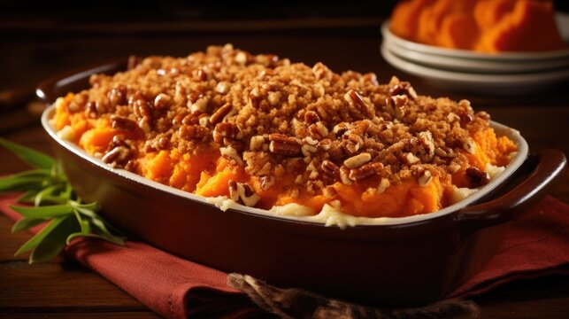 A visually striking image of a mouthwatering sweet potato casserole, with a perfectly caramelized pecan topping, the rich orange hues of the mashed sweet potatoes peeking through the crunchy