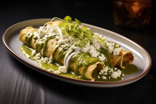From an artistic angle, enchiladas verdes steal the spotlight with their bright and vibrant ensemble. Each enchilada showcases a bed of shredded chicken coupled with verdant layers of tomatillo